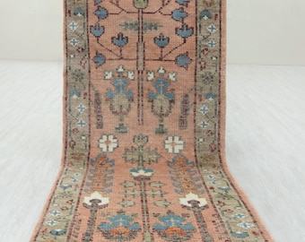 Oushak Runner Rug, Hand Knotted Wool Rug, Blush Pink Floral Hallway Runner, Cottagecore Boho Carpet