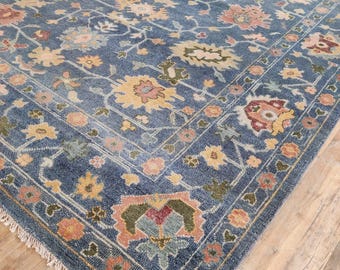 Blue Hand Knotted Wool Rug, Floral Area Rug, Large Living Room Carpet, Handmade Decorative Rug, Botanical Floor Covering, Custom Size Rug