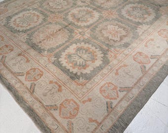 Muted Geometric Hand Knotted Rug, Neutral Beige Wool Area Rug, Soft Sage & Terracotta Carpet, Modern Farmhouse Living Room Rug, Artisian Rug