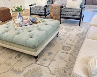 Oushak Area Rug, Muted Sage Green & Dusty Blue Floral Rug, Neutral Beige Carpet, Living Room Bedroom Decor