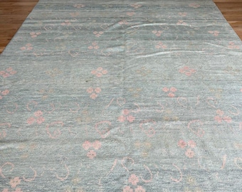 Pastel Blue Hand Knotted Rug, Floral Wool Area Rug, Handmade Minimalist Carpet, Soft Modern Rug, Custom Size Rug, Bedroom Living Room Decor