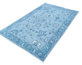 Tappeto in lana annodato a mano color azzurro cielo, tappeto geometrico, tappeto blu fatto a mano, tappeto per soggiorno, rivestimento per pavimento della camera da letto, arredamento boho per la casa