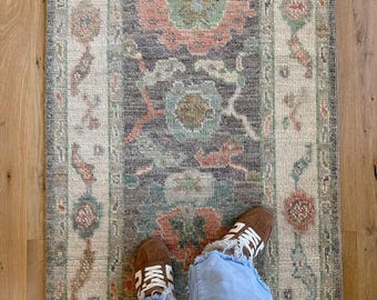 Muted Earth Tone Oushak Runner Rug, Hand Knotted Wool Hallway Carpet, Entryway Carpet Handmade Floral Runner, Neutral Entryway Rug Decor