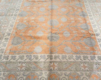 Hand Knotted Wool Oushak Rug, Peach and Gray Area Rug, Neutral Handmade Carpet, Traditional Floral Living Room Rug, Soft Decor Rug