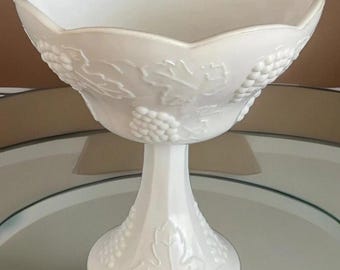 Vintage Milk Indiana Glass Pedestal Compote /Fruit Bowl / Candy Dish 7-3/4" Tall