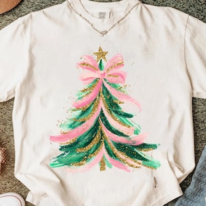 Colorful Christmas Tree PNG Hand drawn doodle Png Brush strokes Coquette Pink Bow Faux glitter Gold Festive Ornament Art Holiday Projects