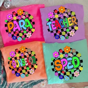 School Occupation PNG Bundle, Floral Back To School Teacher Para Sped Counselor, Neon Checkered Teacher Png, Hand Drawn, Colorful Retro Png