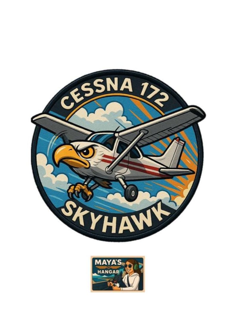 May include: A circular patch featuring a cartoon Cessna 172 Skyhawk airplane with an eagle head. The design includes the text "CESSNA 172 SKYHAWK" and a smaller image of a woman in a hangar. The color palette includes blue, white, red, and yellow.