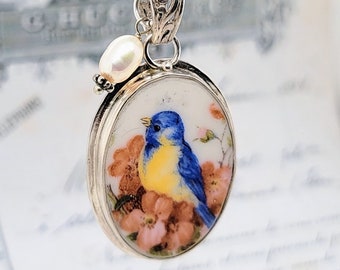 Blue Bird on Salmon Florals Oval Broken China Jewelry Pendant Necklace