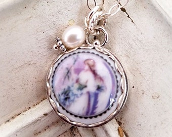 Lavender Easter Angel Porcelain Charm Pendant Necklace Freshwater Pearl