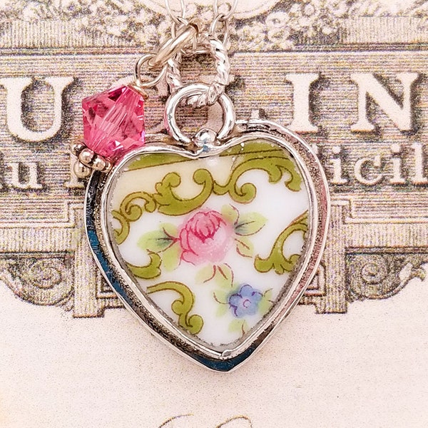 Vintage Pink Rose Scroll Broken China Jewelry Petite Heart Charm Necklace