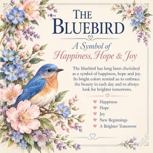 K&ouml;nnte beinhalten: Ein dekorativer Druck mit einem Blauvogel auf einem Ast, umgeben von rosa und blauen Blumen. Der Text lautet: THE BLUEBIRD, A Symbol of Happiness, Hope & Joy, gefolgt von einem beschreibenden Text und einer Liste mit f&uuml;nf Themen: Happiness, Hope, Joy, New Beginnings, A Brighter Tomorrow.