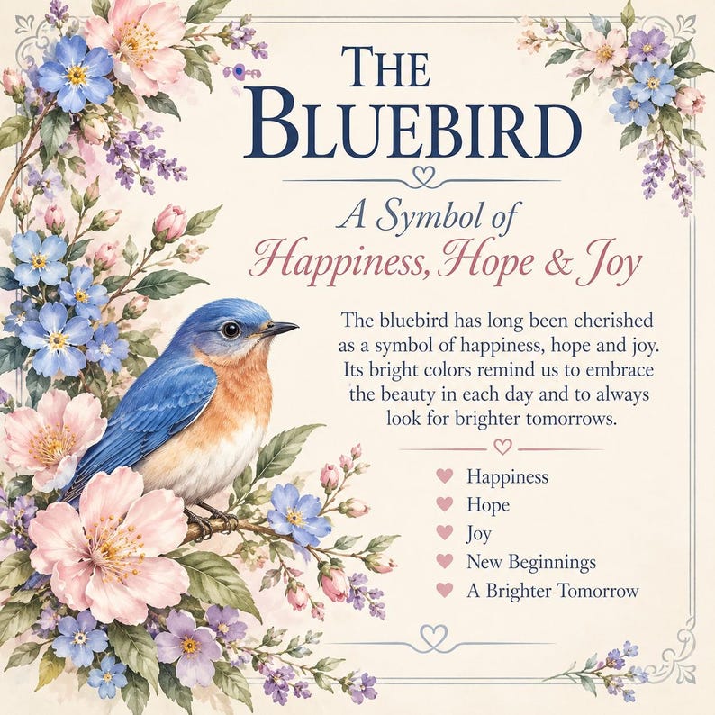 K&ouml;nnte beinhalten: Ein dekorativer Druck mit einem Blauvogel auf einem Ast, umgeben von rosa und blauen Blumen. Der Text lautet: THE BLUEBIRD, A Symbol of Happiness, Hope & Joy, gefolgt von einem beschreibenden Text und einer Liste mit f&uuml;nf Themen: Happiness, Hope, Joy, New Beginnings, A Brighter Tomorrow.