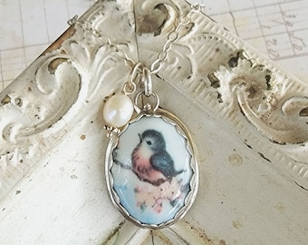 幸せの青い鳥ネックレス：エナメルバードチャーム、スターリング