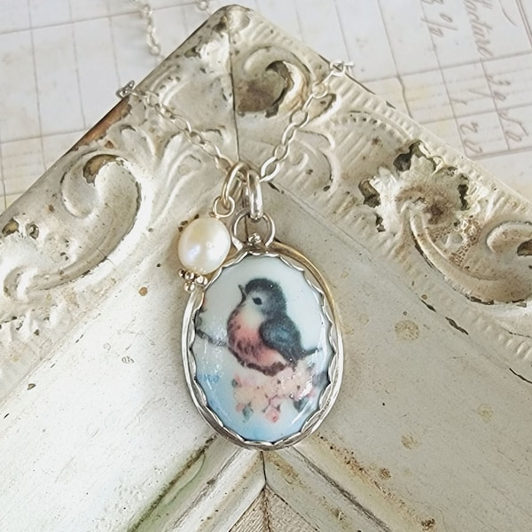 Blue Bird Oval China Jewelry Sterling Pendant Bluebird Necklace