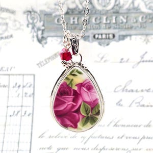 Old Country Roses Royal Albert Red Pink Roses Sterling Teardrop Broken China Jewelry Pendant Necklace B