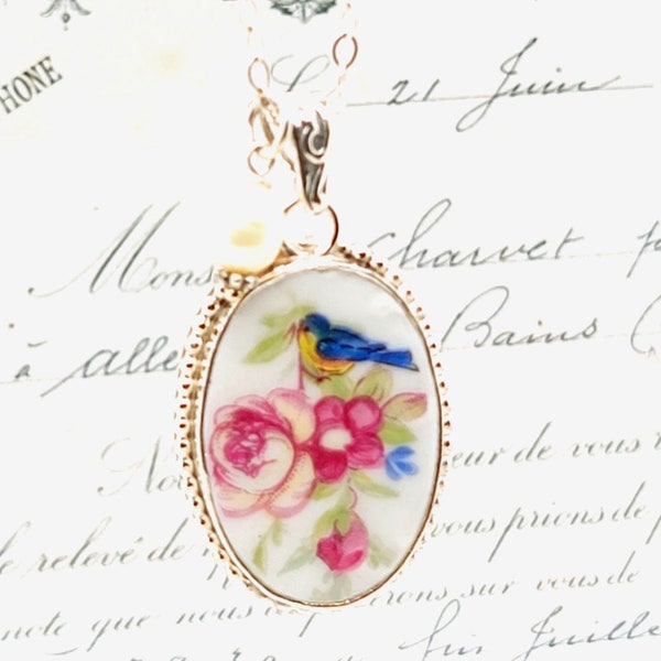 Antique China Bluebird Pink Rose Floral Beaded Broken China Jewelry Oval Pendant Necklace