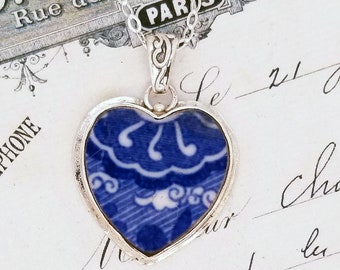 Spode Blue Italian Broken China Jewelry Blue & White Heart English Necklace