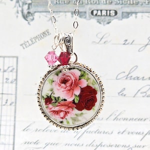Valentine Anniversary Romantic Red Pink Roses Round Pendant Broken China Jewelry Necklace
