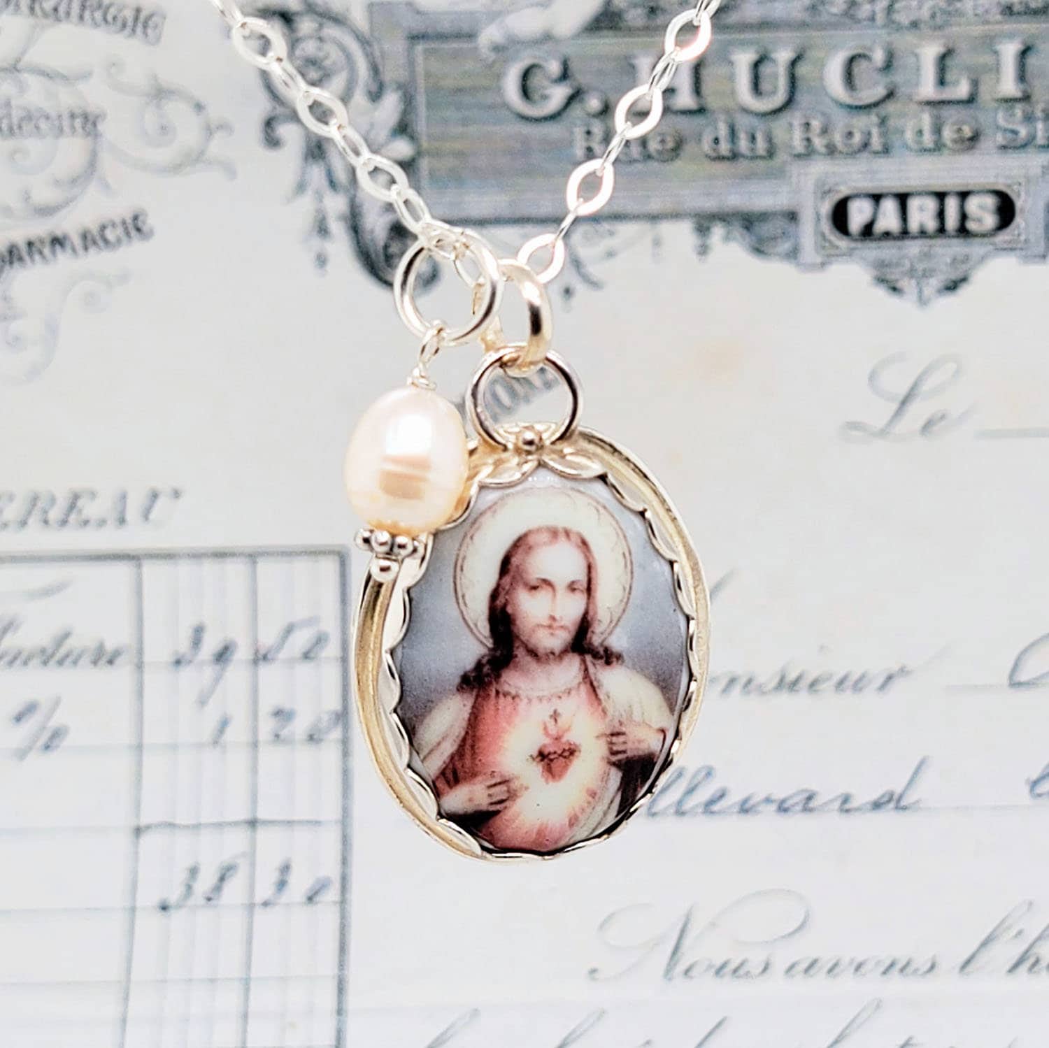 Jesus Sacred Heart Porcelain Faith Catholic Sterling Oval Pendant
