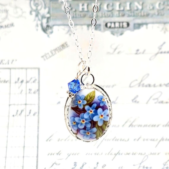 Remembrance Forget Me Not Broken China Jewelry Sterling Pendant Necklace
