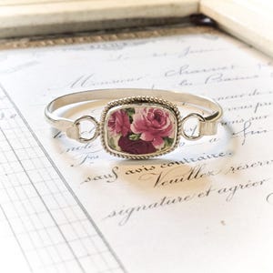 Red & Pink Roses Broken China Jewelry Sterling Bangle Bracelet Sterling Drops