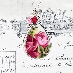 Old Country Roses Royal Albert Red Pink Roses Sterling Teardrop Broken China Jewelry Pendant Necklace