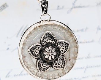 Ornate Mother of Pearl Antique Button Sterling Heart Medallion Pendant Necklace