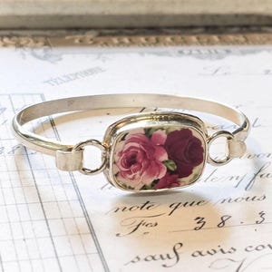 Red & Pink Roses Broken China Jewelry Sterling Bangle Bracelet