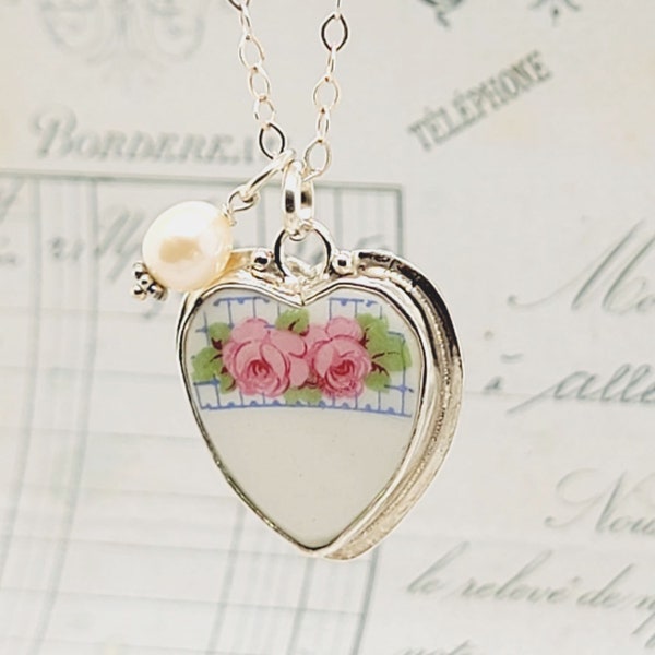 Vintage Double Pink Roses Blue Checker Heart Broken China Jewelry Pendant Necklace