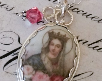 French Virgin Mary Roses Pendant Sterling Catholic Gift Necklace