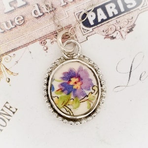Antique Purple Flower Oval Beaded Broken China Jewelry Charm Pendant Necklace