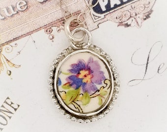 Antique Purple Flower Oval Beaded Broken China Jewelry Charm Pendant Necklace