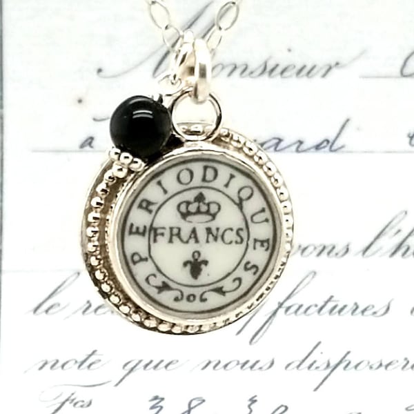 Broken China Jewelry French Periodiuqes Postmark Sterling Pendant Necklace