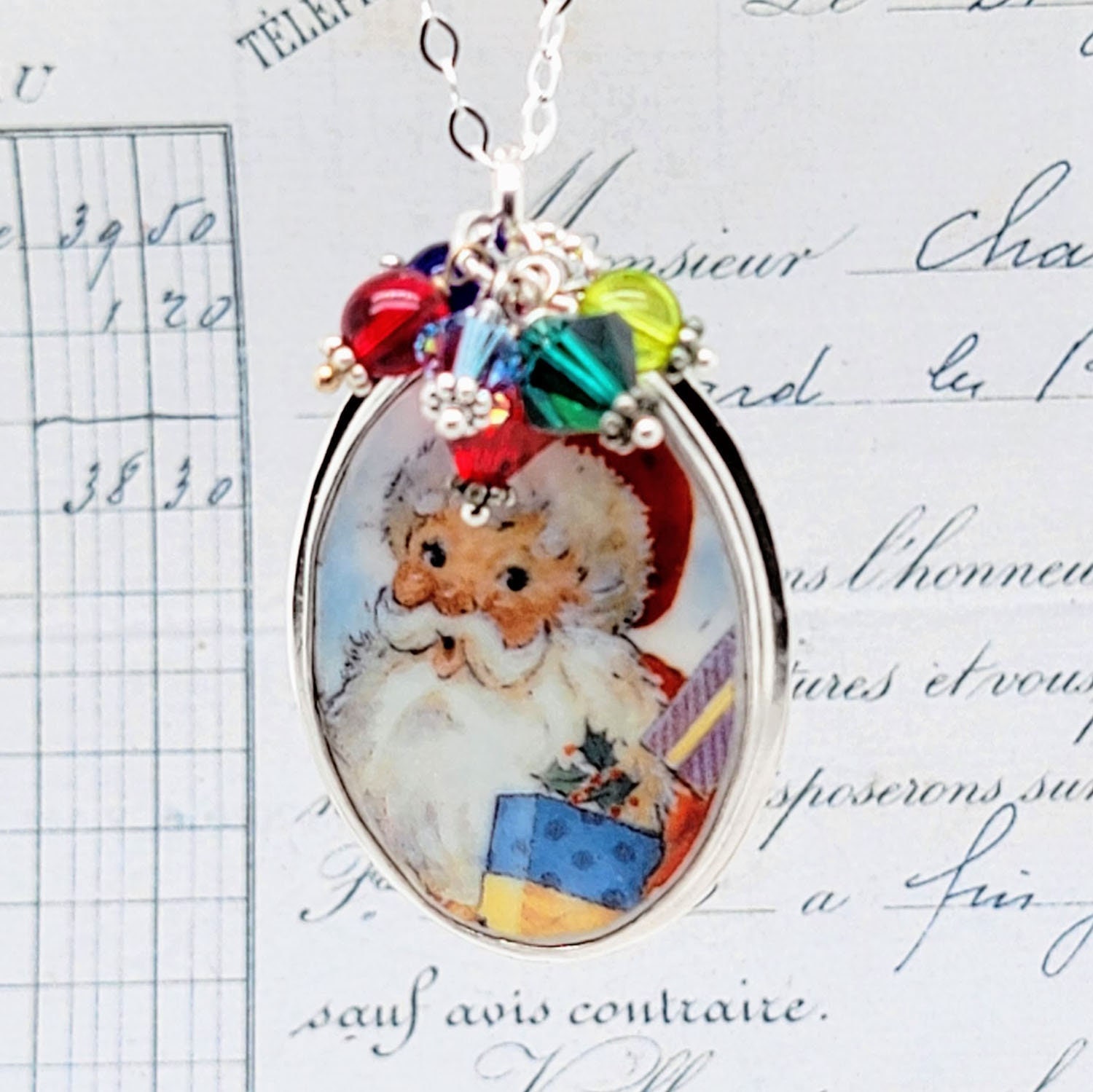 Christmas Santa With Gifts Broken China Jewelry Oval Crystals