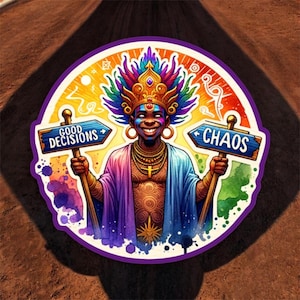 May include: A vibrant sticker featuring a smiling figure adorned with a colorful headdress and jewelry. The figure holds signs pointing to "Good Decisions" and "Chaos." The design incorporates a rainbow color scheme and artistic details, creating a whimsical and eye-catching aesthetic.