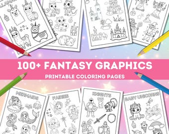 Fantasy Coloring Pages | 100+ Mermaid Unicorn Fairy Dragon | 20 Simple Pages | Fun Coloring Sheets | Kids and Adults | PDF Download | 8.5x11