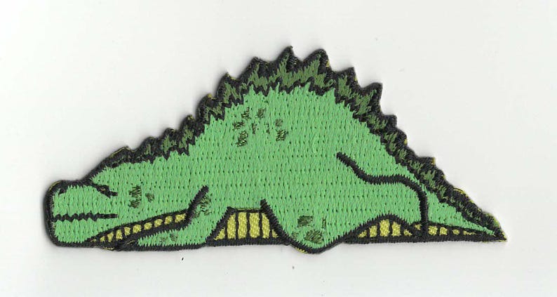 Puede incluir: Parche bordado con un dinosaurio verde con espalda espinosa y detalles amarillos. El dinosaurio est&aacute; tumbado, con un dise&ntilde;o detallado y contorno negro. Adecuado para ropa o accesorios.