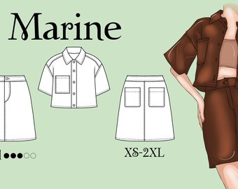 May include: Illustration of a brown two-piece outfit, including a short-sleeved button-up shirt and a skirt. The word "Marine" is at the top, with the size range XS-2XL. There is also a white shirt and skirt design.