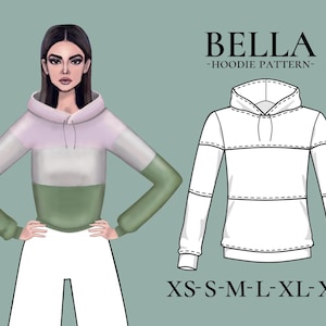 May include: Illustration of a woman wearing a color-block hoodie in shades of green, white, and lavender. Next to the illustration is a line drawing of the hoodie. Text reads "BELLA - HOODIE PATTERN" and size options: XS-XXL.