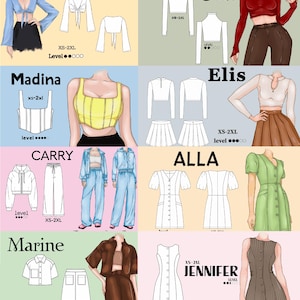 Op de afbeelding: Illustraties van modeontwerpen met tops, jurken en sets. Ontwerpen omvatten een blauwe top met strik, een gele corset top, een witte hoodie en broek set, een bruine jas en rok set en een groene knoopjurk. Tekst bevat "Lilo", "Olla", "Madina", "Elis", "Carry", "Alla", "Marine" en "Jennifer".