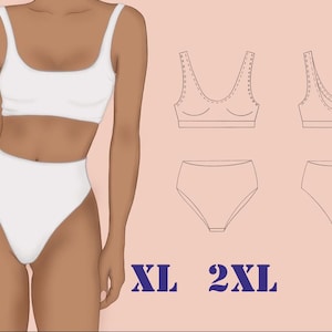 May include: A white two-piece swimsuit set. The set includes a square-neckline top and high-waisted bottoms. The image also shows a line drawing of the swimsuit and the sizes XL and 2XL.