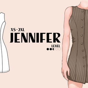 Puede incluir: Ilustración de un vestido sin mangas con botones. El vestido es marrón con rayas verticales y se muestra en una figura. También se muestra un dibujo lineal del vestido. El texto de la imagen dice "XS-2XL" y "JENNIFER".