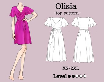 Puede incluir: Ilustración de un vestido cruzado magenta con mangas con volantes y un cinturón a juego. La imagen también muestra un dibujo lineal del vestido, delantero y trasero, con el texto "Olisia - top pattern - XS-2XL Level".