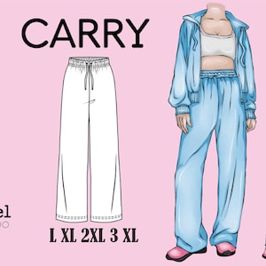 May include: Illustration of a light blue tracksuit with wide-leg pants and a matching zip-up jacket. The word "CARRY" is at the top, with sizes L, XL, 2XL, and 3XL below. A drawing of white wide-leg pants is on the left.