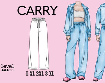 Pode incluir: Ilustração de um fato de treino azul claro com calças de perna larga e um casaco com fecho de correr a condizer. A palavra "CARRY" está no topo, com os tamanhos L, XL, 2XL e 3XL por baixo. Um desenho de calças brancas de perna larga está à esquerda.