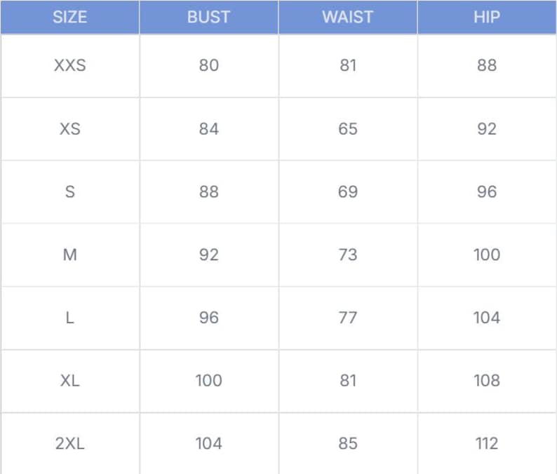 May include: A size chart with measurements for bust, waist, and hip in centimeters. Sizes range from XXS to 2XL, with corresponding measurements displayed in a grid format. The chart is against a white background.