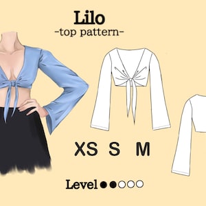 以下が含まれることがあります： 水色の結び目のあるトップスと長袖のイラスト。黒いスカートと組み合わせています。画像には、トップの線画と「Lilo -top pattern-」の文字、XS、S、Mのサイズオプションも含まれています。難易度は3つの黒い点で示されています。