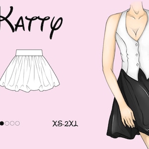 May include: Illustration of a white halter top with a black skirt. The image includes the text "Katty" in cursive, a skirt design, and the text "LEVEL" with three black dots and "XS-2XL". The background is light pink.