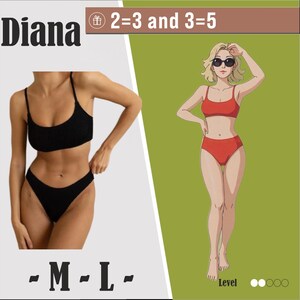 May include: Black bikini set with spaghetti straps and high-cut bottoms. The image includes the text "Diana" and "- M - L -". A cartoon illustration of a woman in a red bikini is also shown. The text "2=3 and 3=5" is also present.